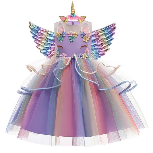 Unicorn Princess Dress with Wings and Headband for Girls 3Y-10Y